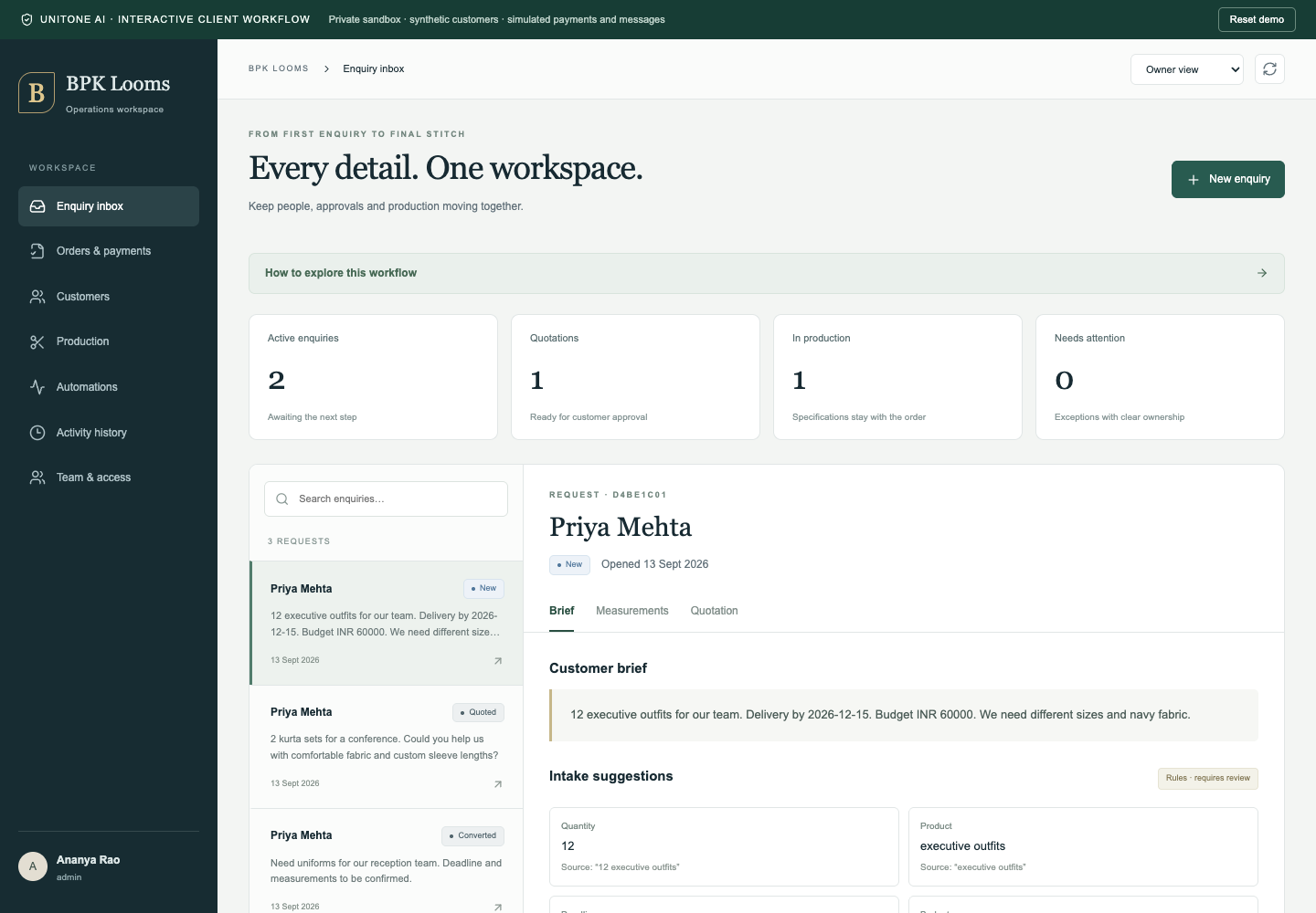BPK Looms staff workspace with enquiry review, approval stages and production navigation. Synthetic showcase data.